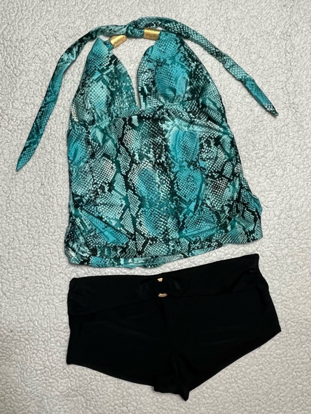 Catalina tankini top and Faded Glory swim shorts.
